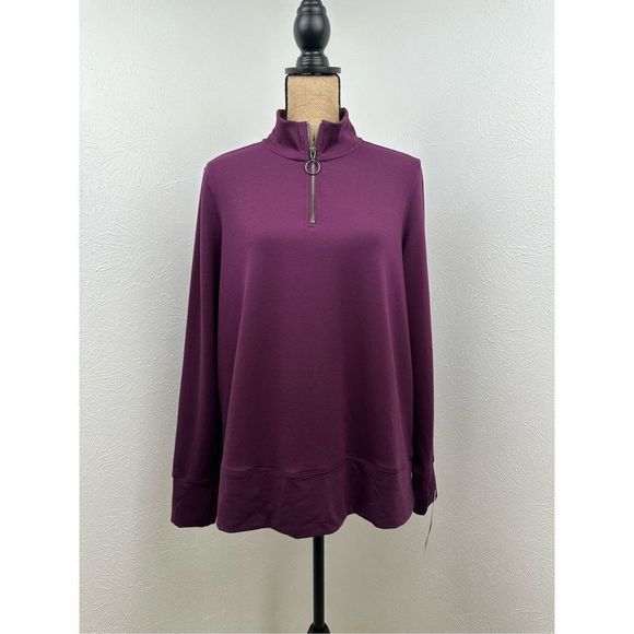 Ideology Tops - Ideology Women’s Purple Slitted Ribbed Cuffed Quuarter-Zip Sweatshirt Plus Size